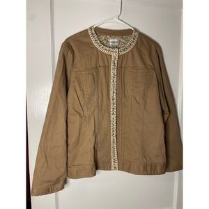 Chico's Embellished‎ Collarless Jacket Tan Brown Neutral Womens Size 2 Large
